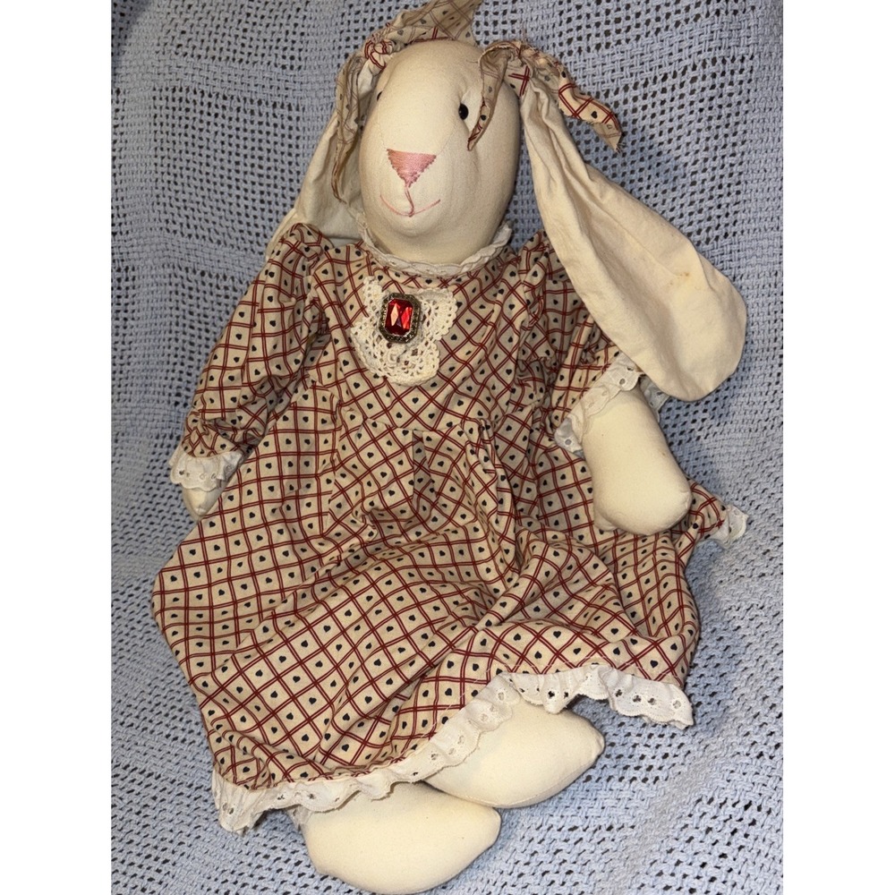 Vintage Handmade Fabric Bunny Rabbit Doll RedCountry Dress Apron